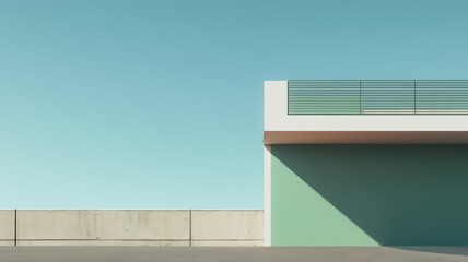 Poster - Modern Architecture: A minimalist architectural composition showcasing the sharp lines, clean geometry, and soothing hues of a contemporary building against a clear sky.