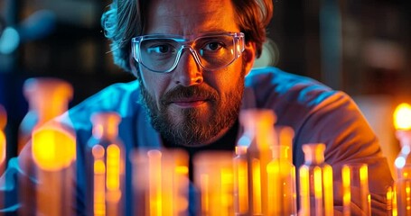 Poster - Scientist in White Lab Coat Examining Test Tubes With Yellow Liquid in a Laboratory Under Orange and Blue Lighting