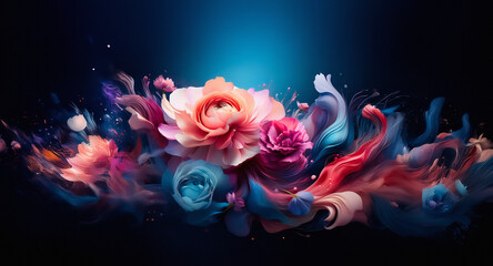 Poster - Vibrant floral arrangement with colorful blooms blending into swirling smoke on a dark background.  Pink, orange, blue, and purple hues create an artistic and dynamic display.