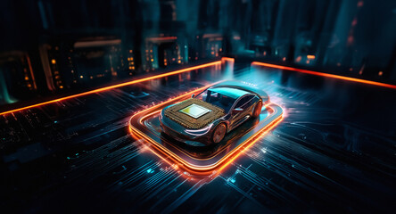 Aufkleber - Futuristic car on a glowing platform in a dark, technological environment. Bright lines of light surround the auto, suggesting advanced tech.