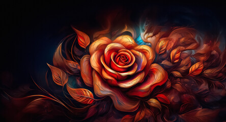 Aufkleber - a vibrant orange rose in full bloom, depicted in an artistic style with a dark and shadowy backgroun