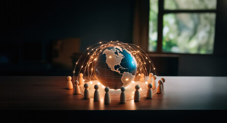 Aufkleber - Illuminated globe encircled by figures, symbolizing global network and unity. Warm light in a dark room with window and blurred nature background.