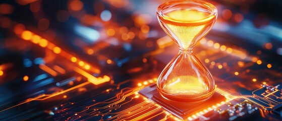 Poster - Glowing Digital Hourglass on Circuit Board with Vibrant Orange and Yellow Lights