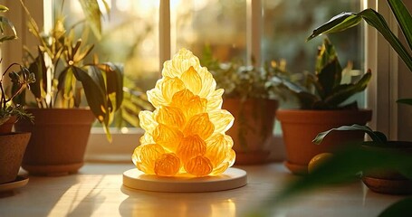 Aufkleber - Yellow Crystal Light Surrounded By Potted Plants with Sunlight through a Window Inside a Home