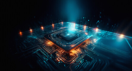 Aufkleber - Futuristic circuit board illuminated with vibrant blue and orange lights against a dark backdrop.  Suggests technology, innovation, and digital connectivity.