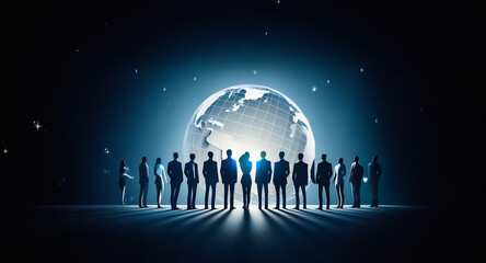 Poster - Silhouetted group stands before a radiant globe, symbolizing global unity and connection.  Illuminated figures face a bright future of worldwide collaboration and shared vision.