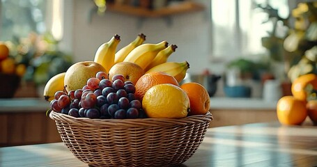 Poster - Basket of Assorted Fruits on Wooden Table in Bright Kitchen Interior