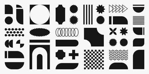 Poster - Abstract retro solid shapes, basic black brutal forms and figures in Y2K aesthetics, vintage stickers, logos, labels. Decorative design elements, vector illustration.