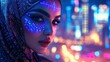 © mryanfahrudin1 - Portrait of a woman with glowing facial art against a vibrant cityscape at night