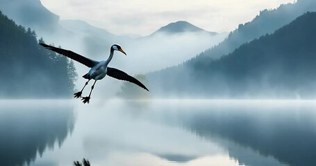 Poster - Heron flying over a lake during dusk with mountain silhouettes, birds, and misty water, reflecting in water