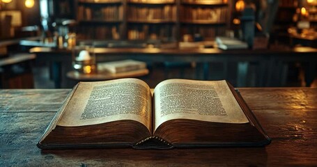 Poster - Open Book On Wooden Table In Library With Soft Lighting And Blurred Bookshelves