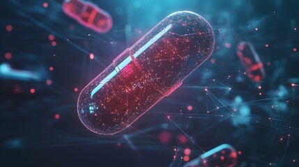Poster - A holographic representation of an electronic capsule on top of a digital connection, representing the integration of technology into future healthcare. Helping to improve the quality of medicine.