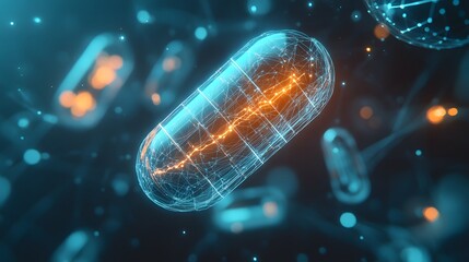 Poster - A holographic representation of an electronic capsule on top of a digital connection, representing the integration of technology into future healthcare. Helping to improve the quality of medicine.