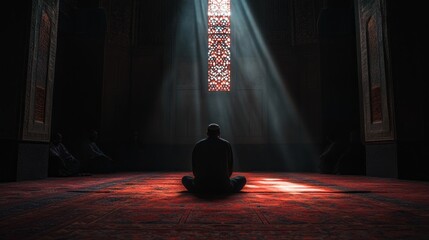 Poster - Inside the ancient mosque, a solitary figure sits in deep meditation, bathed in a single ray of light that pierces the darkness, creating a moment of tranquility and spiritual connection