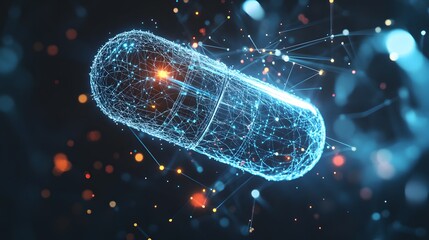 Poster - A holographic representation of an electronic capsule on top of a digital connection, representing the integration of technology into future healthcare. Helping to improve the quality of medicine.