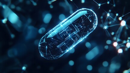 Poster - A holographic representation of an electronic capsule on top of a digital connection, representing the integration of technology into future healthcare. Helping to improve the quality of medicine.