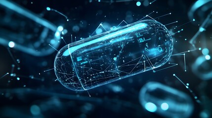 Poster - A holographic representation of an electronic capsule on top of a digital connection, representing the integration of technology into future healthcare. Helping to improve the quality of medicine.