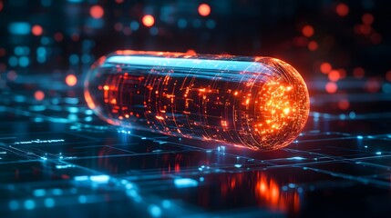 Poster - A holographic representation of an electronic capsule on top of a digital connection, representing the integration of technology into future healthcare. Helping to improve the quality of medicine.