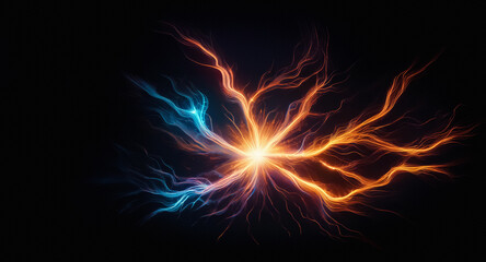 Aufkleber - Vibrant light erupts from a central point, casting dynamic orange and blue streaks across the dark background, creating an abstract energy effect.