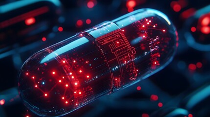 Poster - A holographic representation of an electronic capsule on top of a digital connection, representing the integration of technology into future healthcare. Helping to improve the quality of medicine.