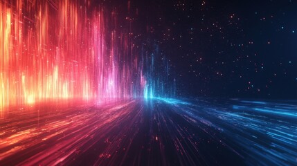 Poster - Abstract Digital Space: Neon Lights Trails and Glowing Particles in a Futuristic Landscape