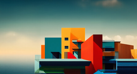 Aufkleber - Colorful geometric shapes stand against a serene sky and water backdrop.  Abstract buildings are depicted in bright colors with a minimalist, modern style.