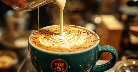 Poster - Barista pouring milk over coffee creating latte art with a blue mug on a cafe with steam and brown toppings