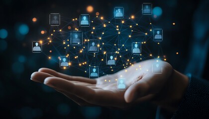 Poster - Businessman s hand with digital profile icons representing talent or job applicants floating above his palm