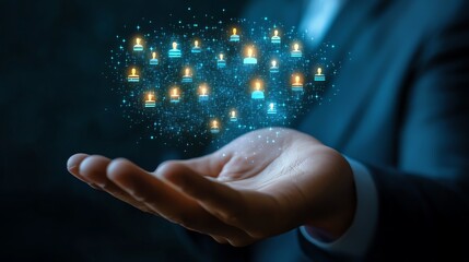 Poster - Businessman s hand with digital profile icons representing talent or job applicants floating above his palm