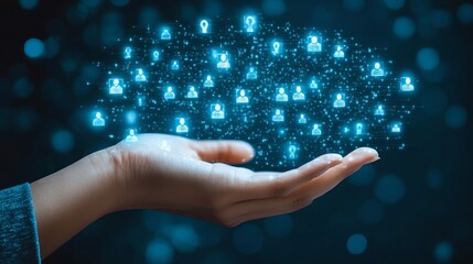 Poster - Businessman s hand with digital profile icons representing talent or job applicants floating above his palm