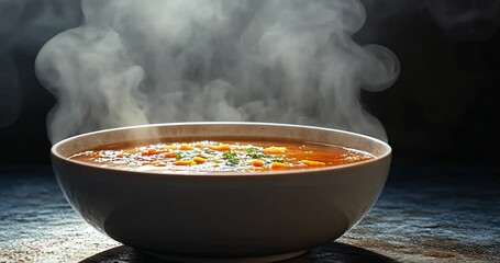 Poster - Steaming Bowl of Tomato Soup with Herbs on Black Background, Smoke and Reflection