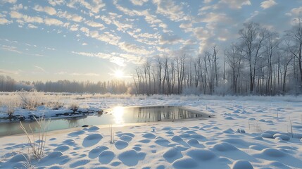 Wall Mural - a snowy meadow with a small, frozen pond in the foreground.