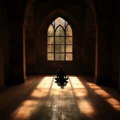 Poster - Bathed in gentle light, a solitary figure sits in meditation, surrounded by intricate stained glass. This tranquil Islamic prayer room invites peace and contemplation, offering a serene escape