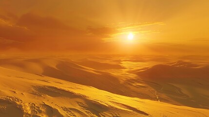 Wall Mural - a wide-angle view of frozen dunes under the golden glow of the setting sun.