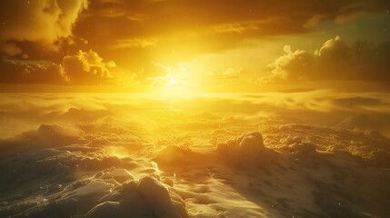 Wall Mural - a wide view of a frozen plateau under an intense golden sunset.