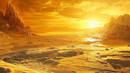 Wall Mural - a wide view of a frozen plateau under an intense golden sunset.