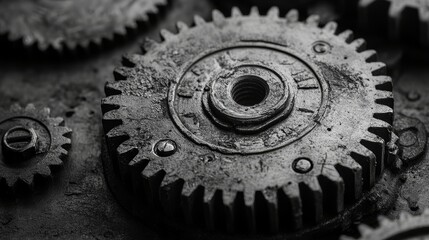 Poster - Detailed view of interlinked metal gears constructing a sophisticated mechanical framework