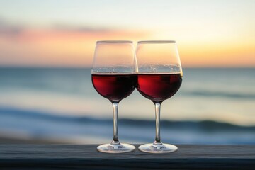 Aufkleber - Enjoying two glasses of red wine at sunset by the ocean shore with soft waves and vibrant colors in the background. Generative AI