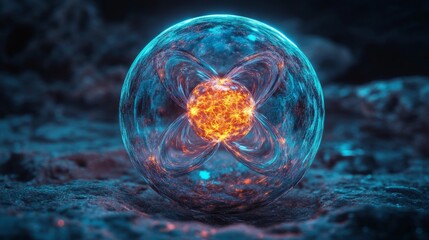 Poster - A luminous energy sphere dynamically emitting light in a dark space setting