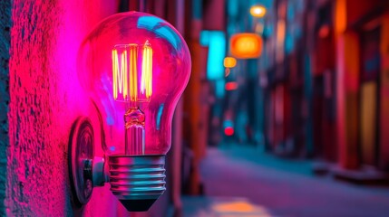 Poster - The vibrant city skyline at dusk is set against the glow of an illuminated light bulb symbolizing creativity