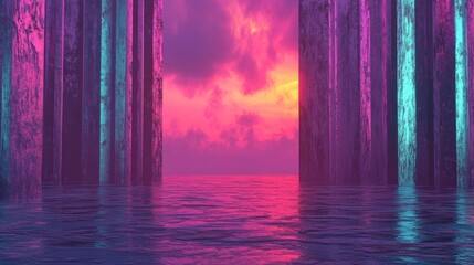 Poster - A vibrant cityscape illuminated by glowing lights and reflections during twilight in 4k resolution