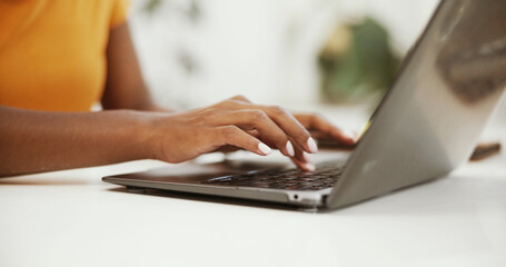 Poster - Remote work, typing and laptop with hands of person in home office for research, email draft or report. Newsletter, online and copywriting with closeup of freelancer in apartment for blog writer