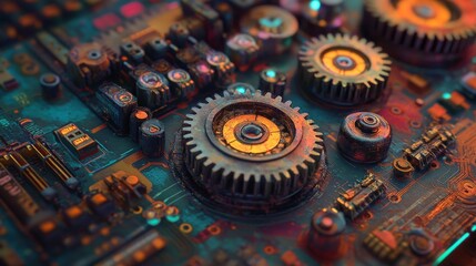 Poster - In a futuristic scene, intricately arranged metallic gears emit glowing effects