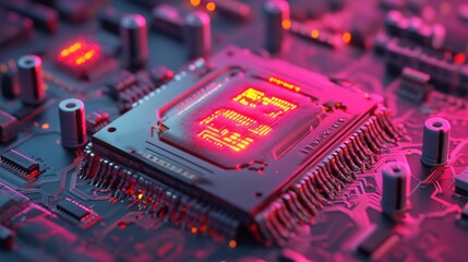 Poster - Vividly lit circuit board with glowing lines and dots in 4k resolution