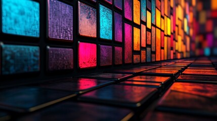Poster - A dynamic digital artwork with colorful squares and glowing particles