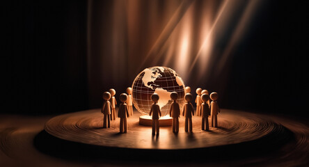 Aufkleber - Figures stand in a circle around a world globe placed on a circular platform. Light beams from above illuminate the scene on a dark background.