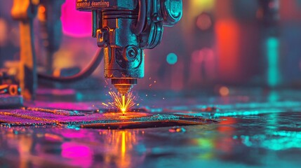 Poster - High-precision laser cutting process generates brilliant sparks in a modern workshop setting