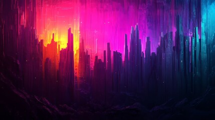 Poster - Colorful light beams ascend from a reflective surface in an abstract digital realm