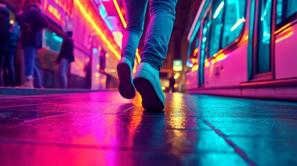 Poster - Colorful digital patterns shine on a polished floor with people walking in the background