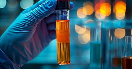 Leinwandbilder - Hand Holding Test Tube With Orange Liquid In Laboratory Environment With Blurred Background